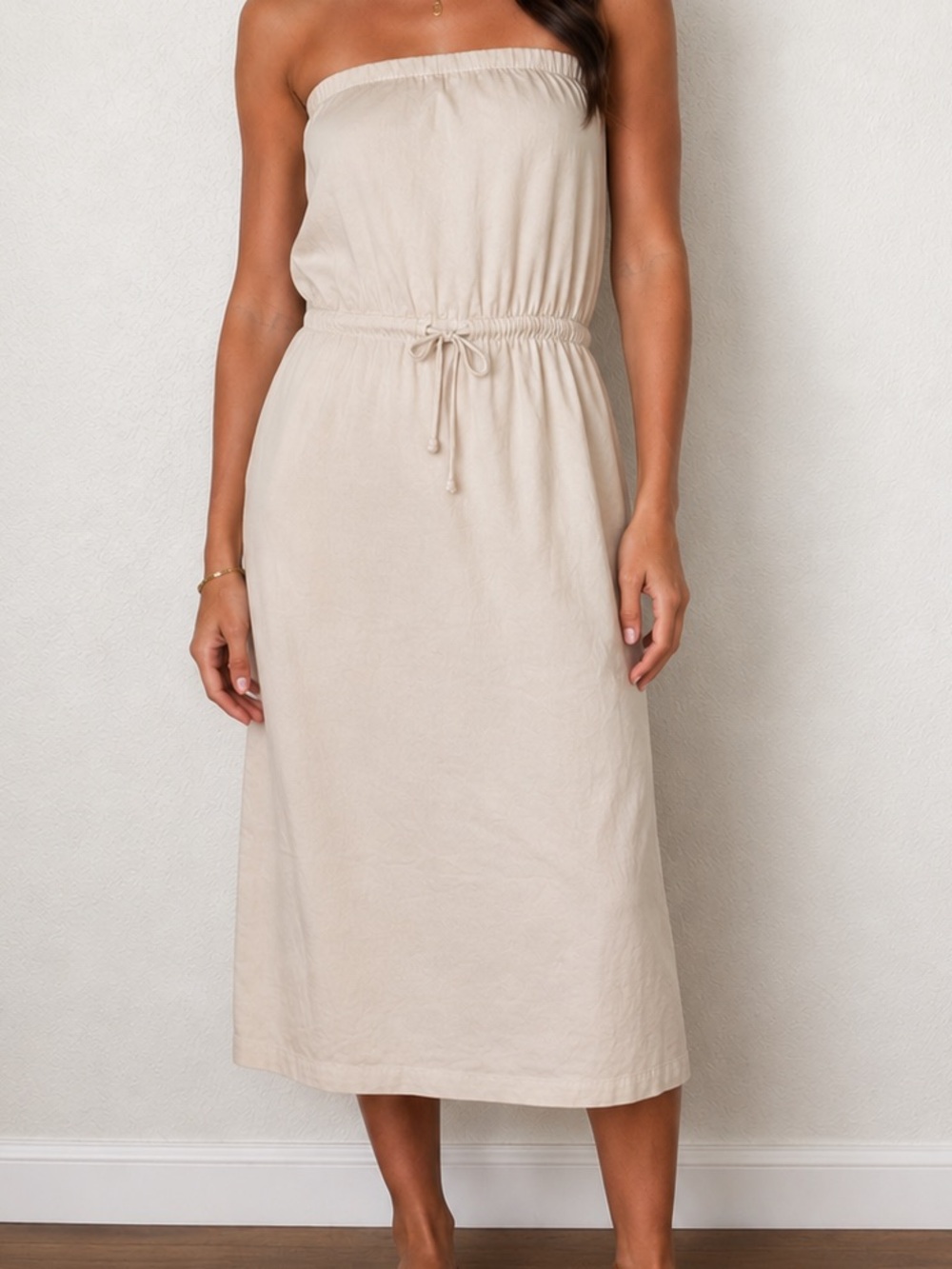 Zara Strapless Cream Cotton Midi Dress Drawstring Waist Size L